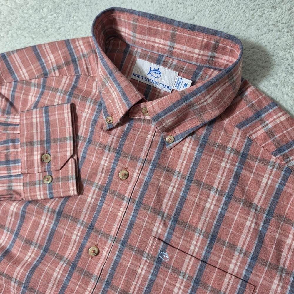 NEW! Southern Tide Performance Button Down Mens Med Pink Plaid L/S Nylon Stretch